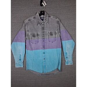 Wrangler Mens Shirt M Blue Black Stripe Brushpopper‎ Canvas Faded Vtg Western